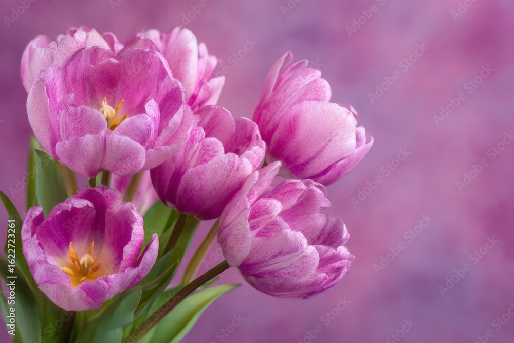 Fototapeta premium Beautiful bouquet of pink and purple tulips arranged artistically against a soft blurred background