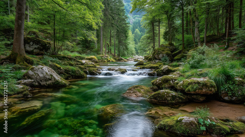 Breathtaking river flowing through lush green forest with serene rocks and vibrant nature in a tranquil setting