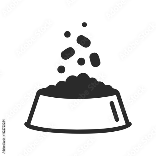 Pet food bowl icon with kibble dropping into bowl illustration