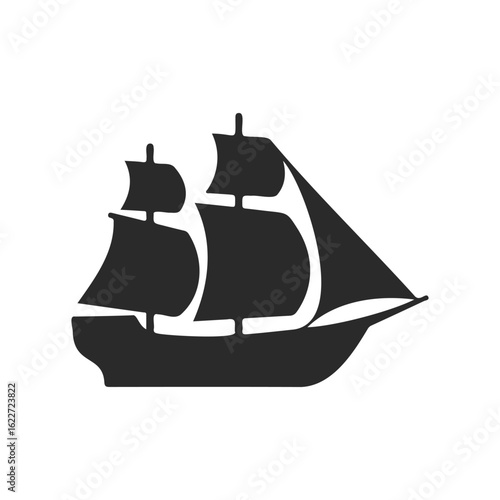 Silhouette of a sailing ship with three masts on white background