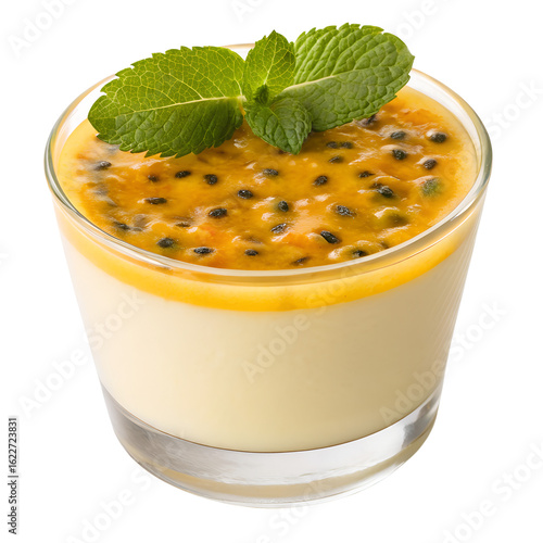 Bright passionfruit mousse in a dessert glass, topped with passionfruit pulp and mint leaf, smooth and airy texture, isolated PNG