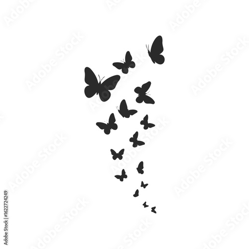 Silhouette of flying butterflies in spiral formation on white background