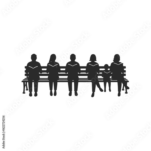 Silhouette of diverse people sitting on bench in relaxed pose