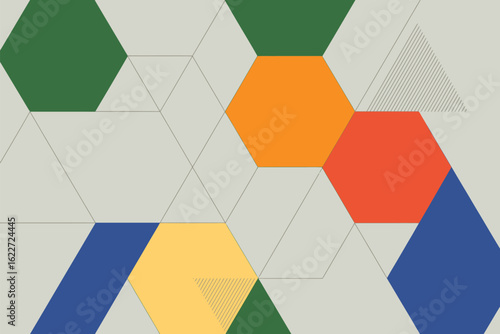 Abstract geometric pattern featuring colored hexagons and triangles on a light background design style