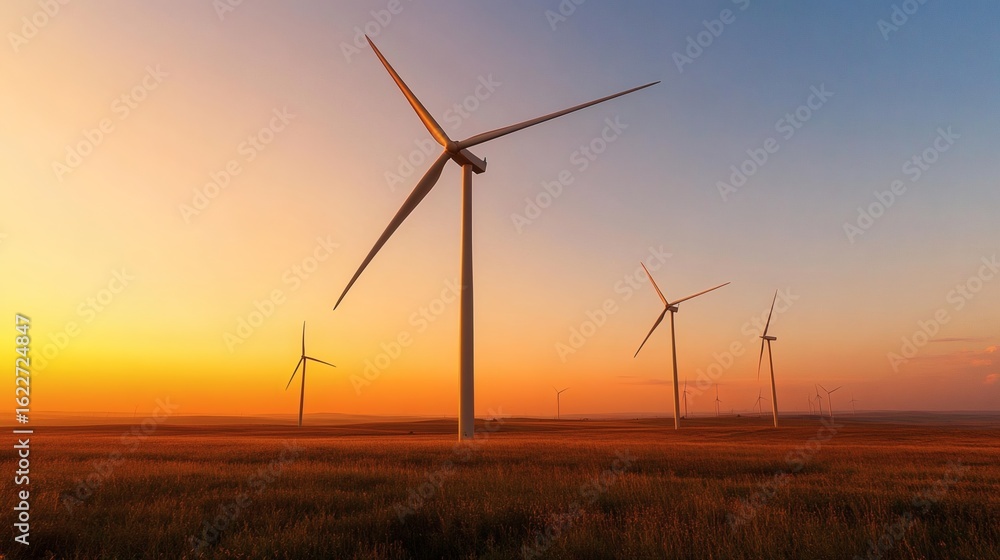 Obraz premium Wind turbines stand tall against a golden sunset.