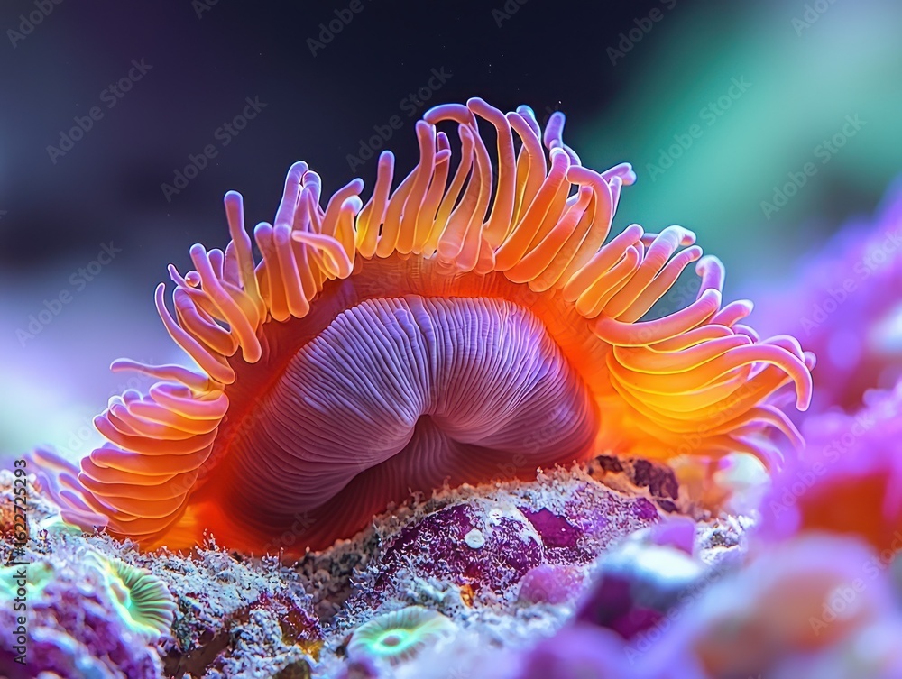 Obraz premium Vibrant coral anemone in a reef aquarium. Close-up view of the colorful tentacles and body, against a backdrop of vibrant coral structures