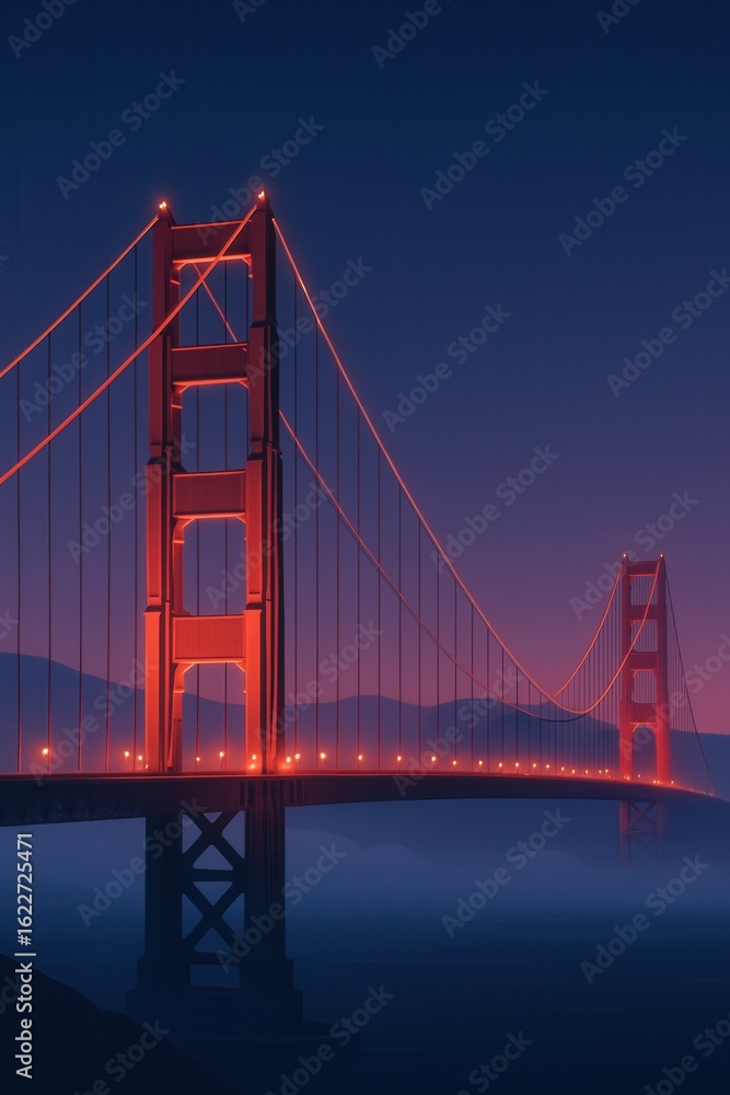 Naklejka premium Minimal vector illustration of Golden Gate Bridge lit up at night with red towers and suspension cables stretching across a foggy bay under a clear indigo sky