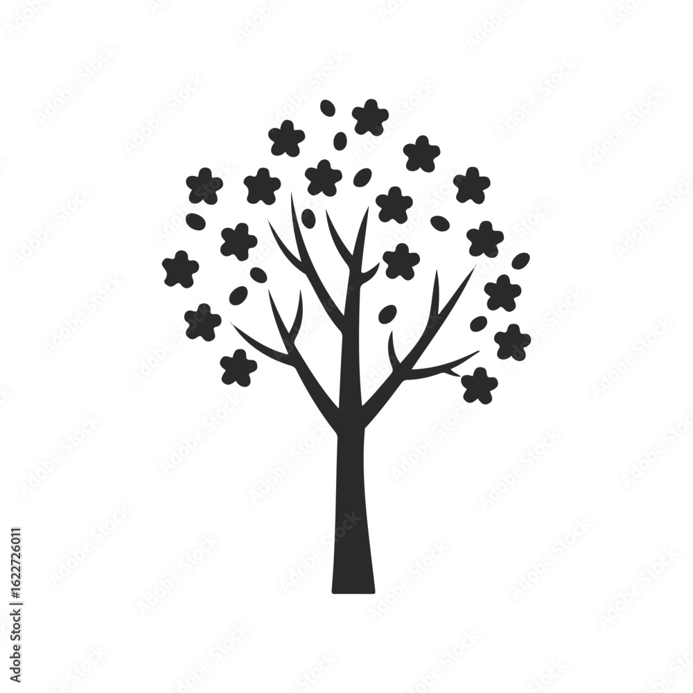 Obraz premium Simple black silhouette of cherry blossom tree with blooming flowers