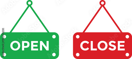 open and closed board icon. Announcement banner. information signage. Signboard with a rope. welcome sign for store cafes
