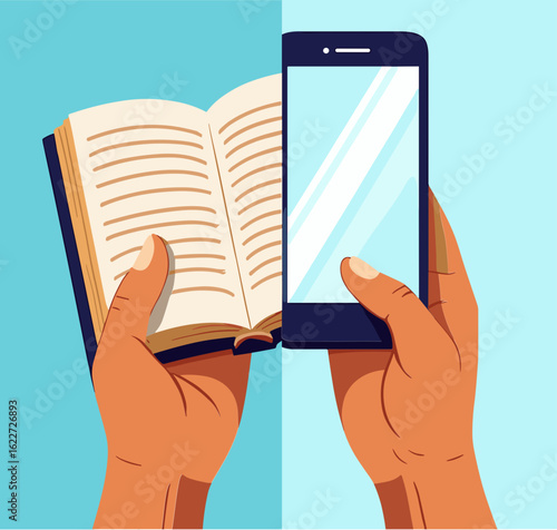 Hands holding book and smartphone comparison on blue background