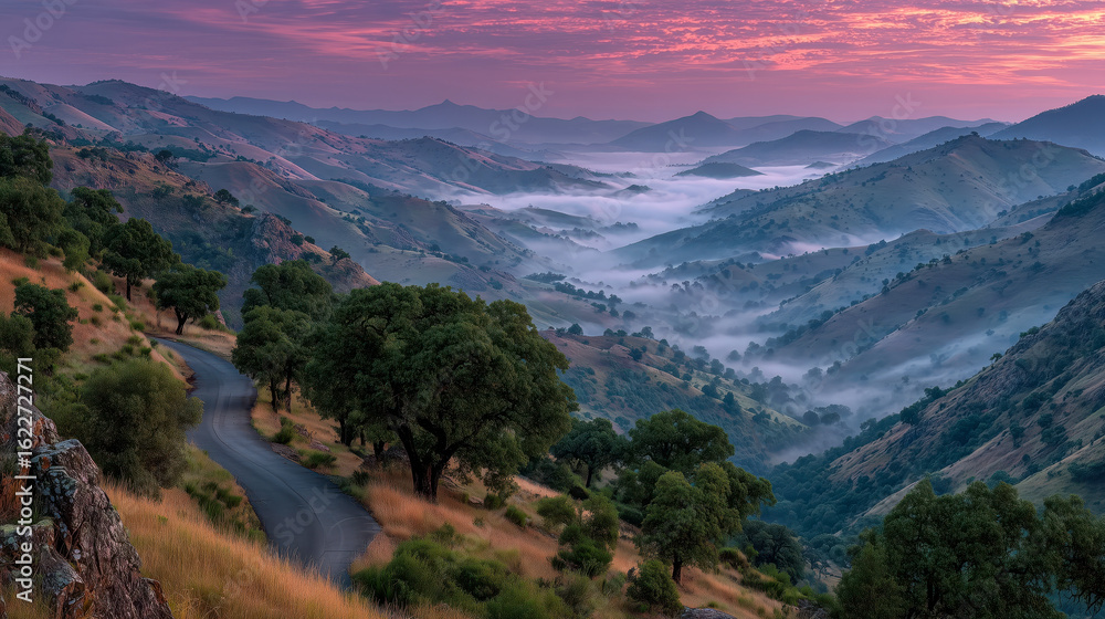 Fototapeta premium Morning mist rolls through rolling hills at dawn in a serene valley, showcasing nature's beauty and tranquility