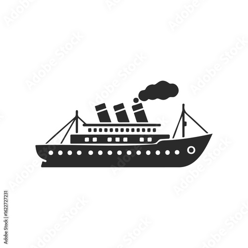 Silhouette of a classic steamship with smokestacks