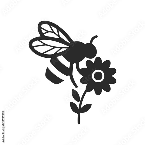 Silhouette of a bee pollinating a flower: nature and insect icon