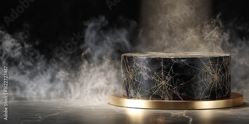 Marble podium with spiderweb design and smoky ambiance. Great for Halloween packaging, product display, or advertising visuals. Includes copy space.