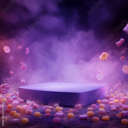 Dark purple platform surrounded by falling colorful candy and fog. Playful Halloween candy backdrop. Includes copy space.