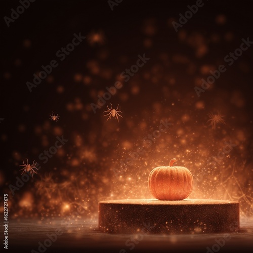 Pumpkin on illuminated podium with glowing particles and spiders in background. Magical Halloween product display. Copy space included.