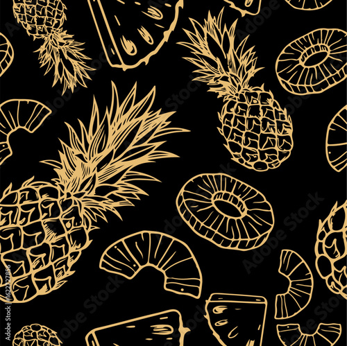 A seamless, hand-drawn pineapple pattern featuring whole pineapples, slices, and wedges in gold outline on a dark background. Reflects current tropical trends.