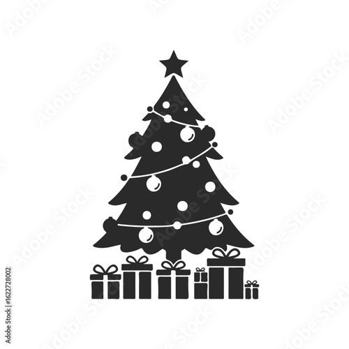 Festive black silhouette of christmas tree with gifts and star topper