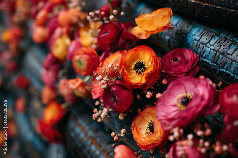 Fototapeta premium Colorful ranunculus flowers arranged beautifully against a textured dark background in a vibrant floral display
