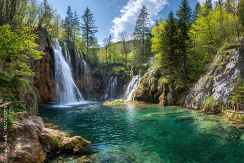 Serene Waterfall Landscape in Lush Green Forest
