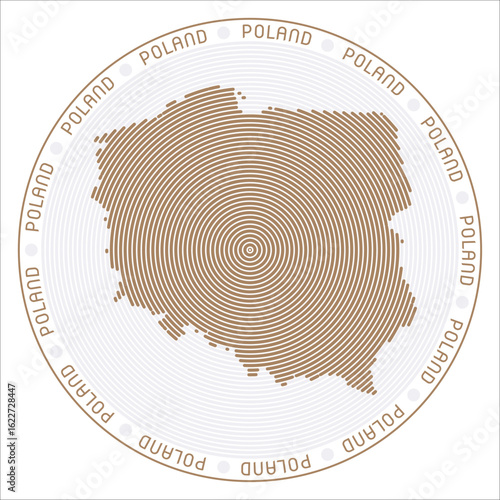 Poland round logo design. Country shape build of rings. Poland text around the country. Vector Illustration.