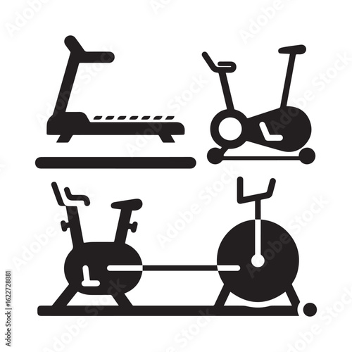 Black and white vector icons representing various gym equipment a treadmill, stationary bike, elliptical trainer, and rowing machine, all designed with simple shapes and clean lines.