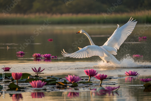 Geese Folding Their Wings on a Tranquil Lake.