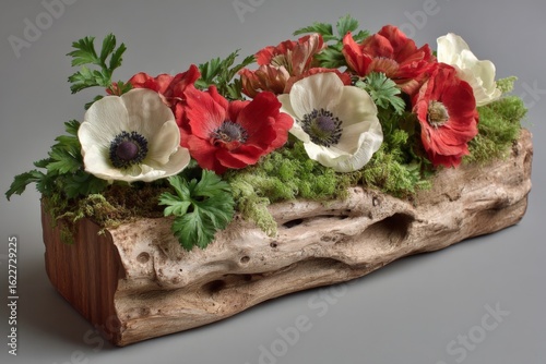 Colorful anemone flowers arranged in a rustic wood planter for a stylish home decoration in a cozy interior setting