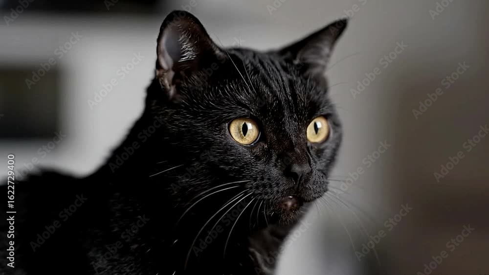 Black cat profile with golden eyes against a blurry background Black cat profile with golden eyes against a blurry background