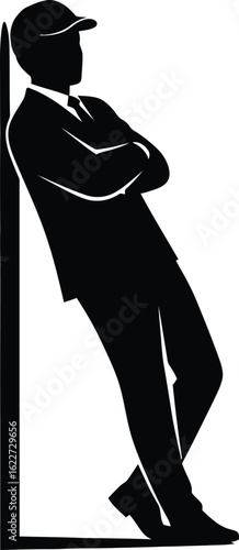 Vector art of stylish silhouette of a man leaning against a wall, exuding confidence and casual elegance in a modern and minimalist style