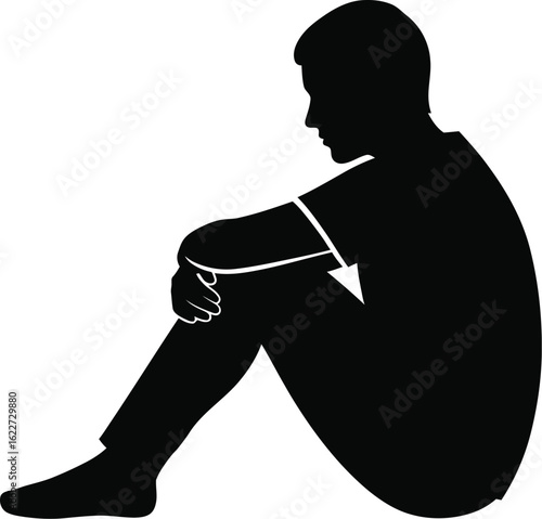 Vector art of silhouette of a sad man sitting alone, conveying feelings of depression, anxiety, and loneliness in a simple yet powerful illustration