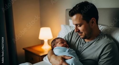 Father Holding Sleeping Baby in Cozy Living Room – Tender Family Bonding Moment