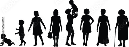 Silhouettes of female life stages from baby, toddler, child, teenager, adult, mother, pregnant woman, mature woman, elderly woman, family, growth, progression, vector