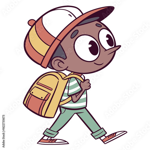 Cartoon schoolboy with backpack walking isolated on white background