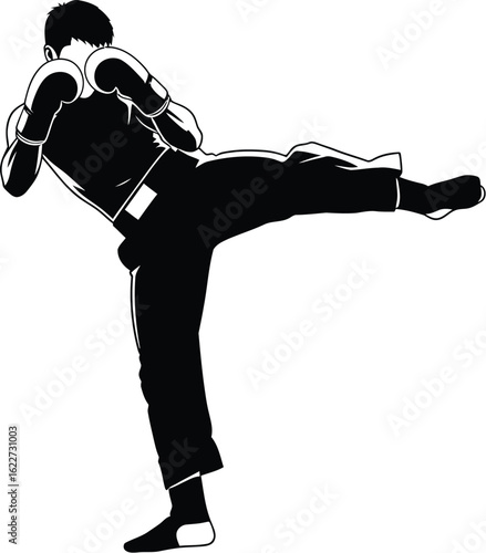 Vector art of silhouette of a karate fighter in a kicking pose, demonstrating martial art skills, power, and balance, embodying the spirit of selfdefense and discipline