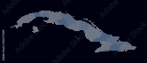 Cuba dotted map. Digital style map of the country on dark background. Cuba shape with square dots. Colored dots style. Small size squares. Artistic vector illustration.