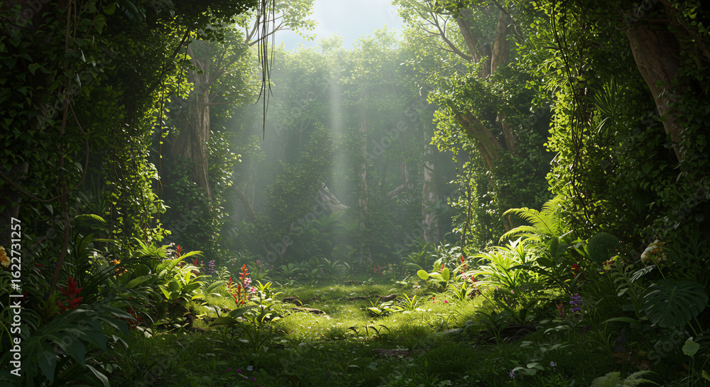 Obraz premium Sunlight streams through the trees in a lush forest with vibrant green foliage and red flowers