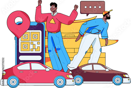 Two happy people using ride sharing service on mobile app with location pin and QR code, modern transportation solution for city dwellers, convenient carpooling technology for urban lifestyle