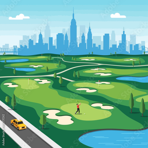 A golfer enjoys a game on a lush green course overlooking the iconic New York City skyline.