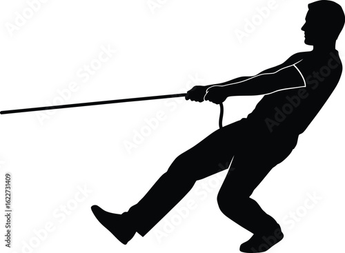 Vector art of silhouette of a man pulling a rope with great effort, , depicting strength, determination, and the challenge of tug of war or similar activity