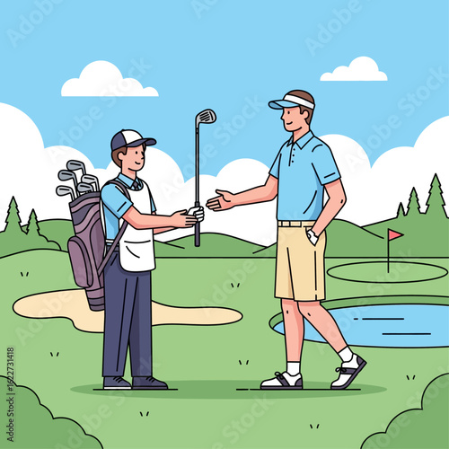 A golfer receives a golf club from his caddie on a green golf course with a sand trap and water hazard.