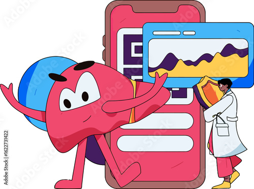 Delightful medical app cartoon promoting liver health and protection with a friendly doctor, perfect for healthcare awareness campaigns and educational materials about liver function
