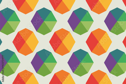 A repeating pattern of colorful geometric shapes resembling faceted gemstones on a light background surface