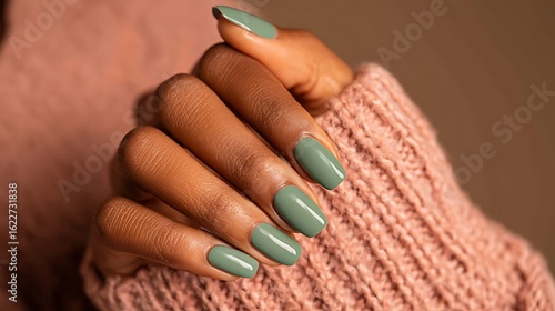 Elegant olive green manicure on dark skin tone with cozy sweater, a modern beauty statement for your designs