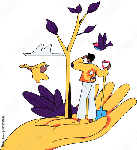 Empowering growth with nature's gentle hand, nurturing new life with care and hope, planting seeds for a brighter future, sustainable living and environmental awareness, love nature