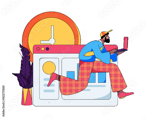Dynamic entrepreneur working on a laptop with a clock ticking visualizing productivity and time management, perfect for modern business concepts and creative project deadlines, efficiency focused
