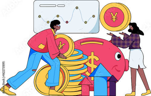 Boost your business with this upbeat illustration of people saving money, watching growth charts, and managing investments, perfect for finance, investment, and economic development marketing