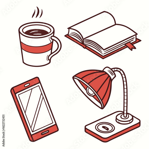 Illustration of a coffee cup, book, lamp, and phone isolated on white background