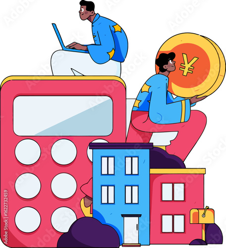 Cartoon entrepreneurs manage real estate finances and digital currency with calculator and laptops, showcasing financial planning and modern investment strategies for young professionals
