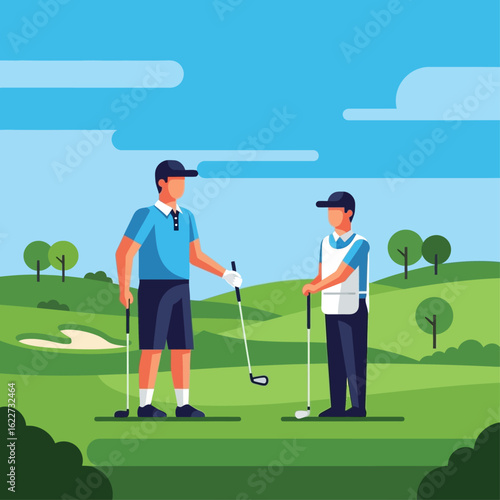 Two golfers, a man and a boy, stand on a golf course, discussing strategy.